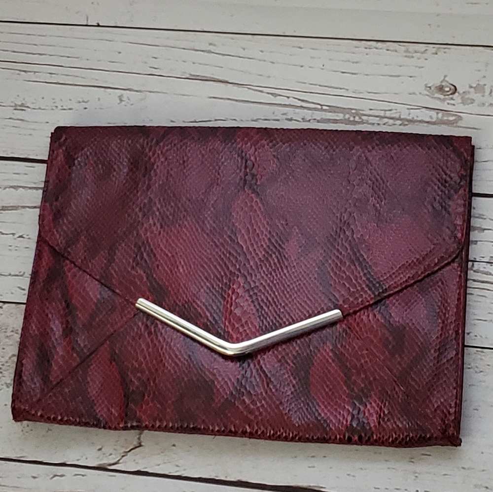 Mossimo women's vinyl envelope clutch burgundy, black snakeskin print